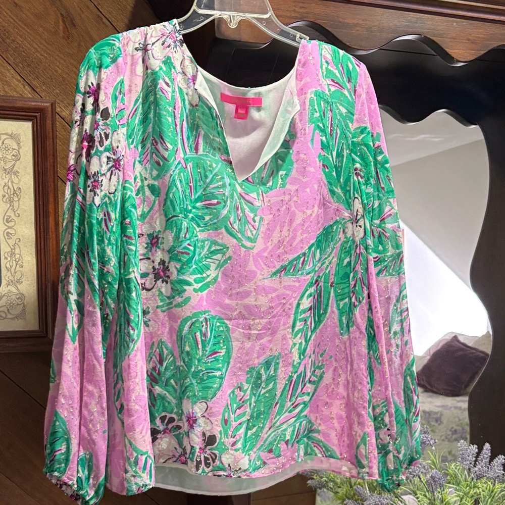 Lilly Pulitzer Pink & Green Floral V-Neck Blouse